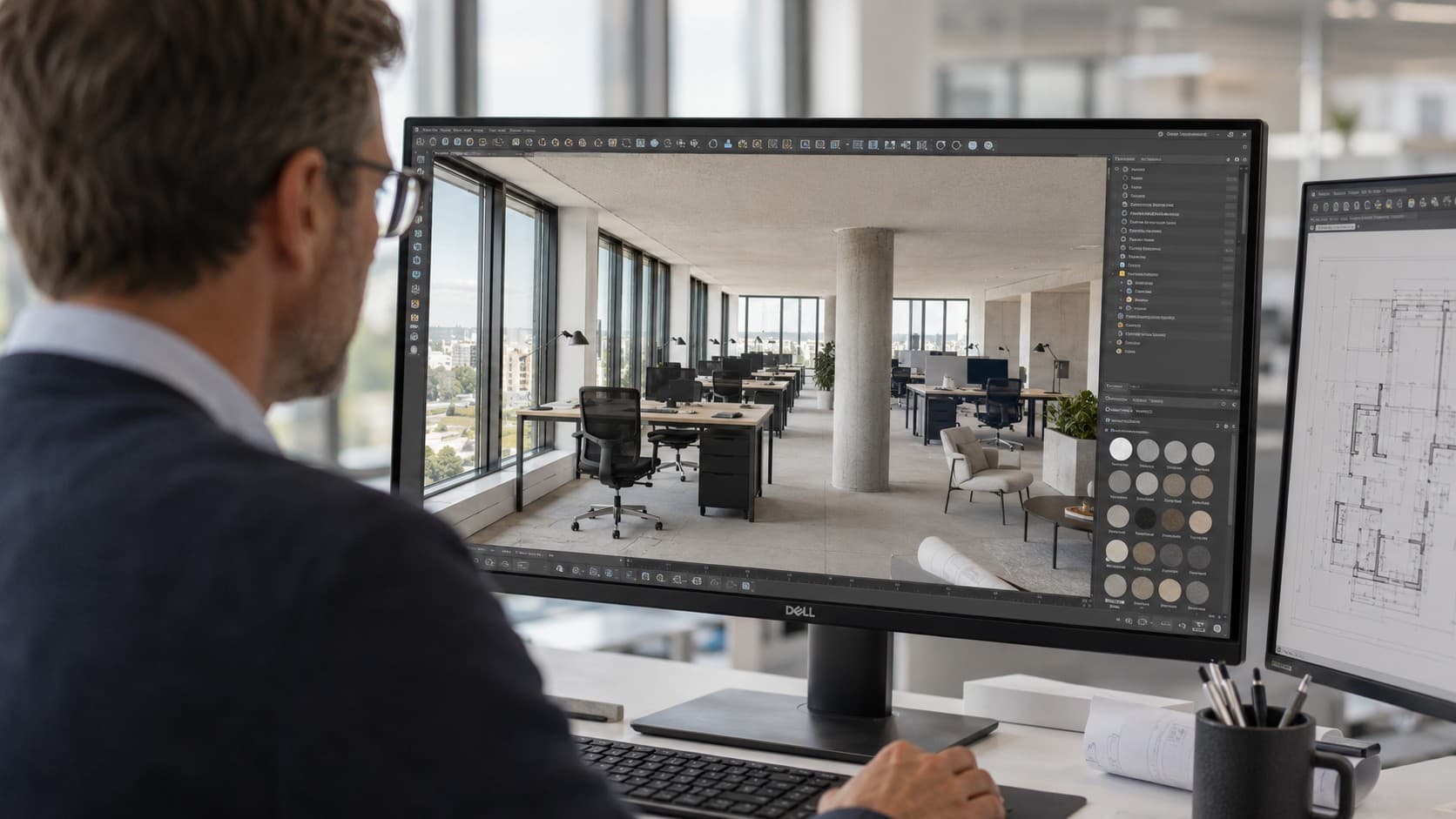 Innenarchitekt modelliert eine Bürovariante in 3D-Software